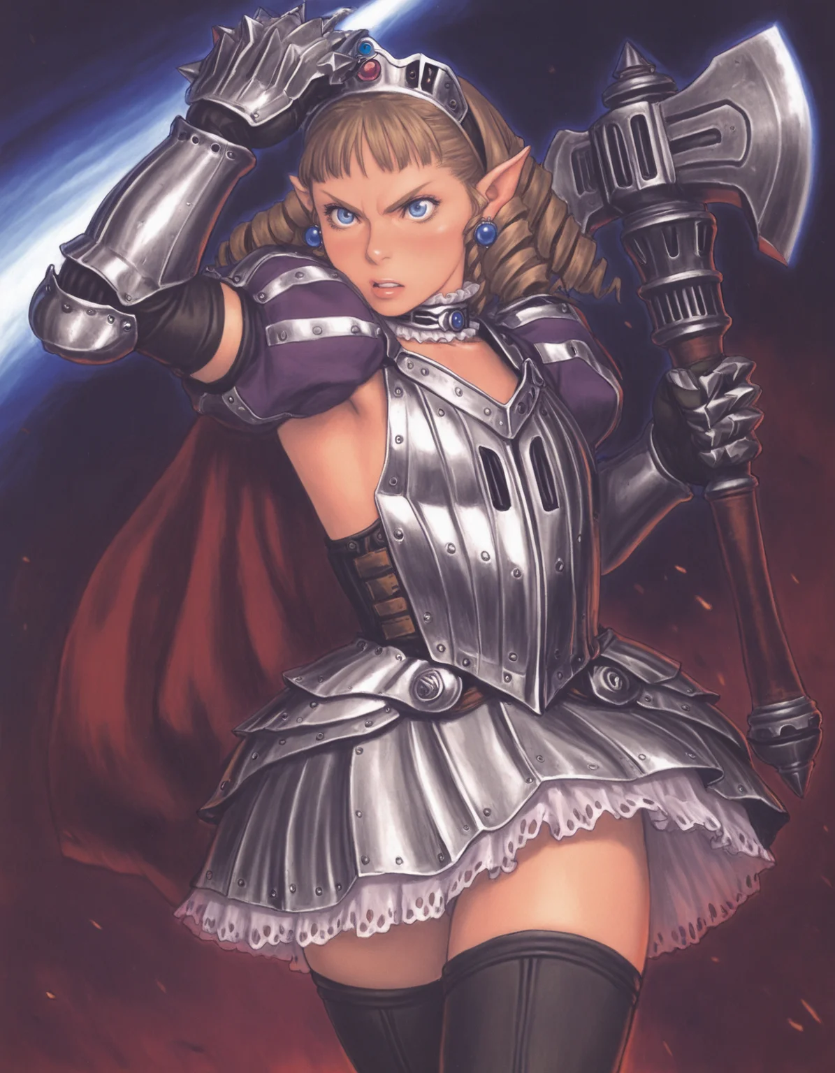 best quality, highres, absurdres, masterpiece, (traditional media, painterly, illustration:0.5), solo, iron princess ymir, queen's blade, 1girl, pointy ears, blue eyes, drill hair, brown hair, hairband, flat chest, thighhighs, armored dress, elbow gloves, dress, frills, earrings, weapon, gauntlets, axe, striking, incoming attack, <lora:Tsukasa Jun Lycoris Illustrious 0.1:0.8>