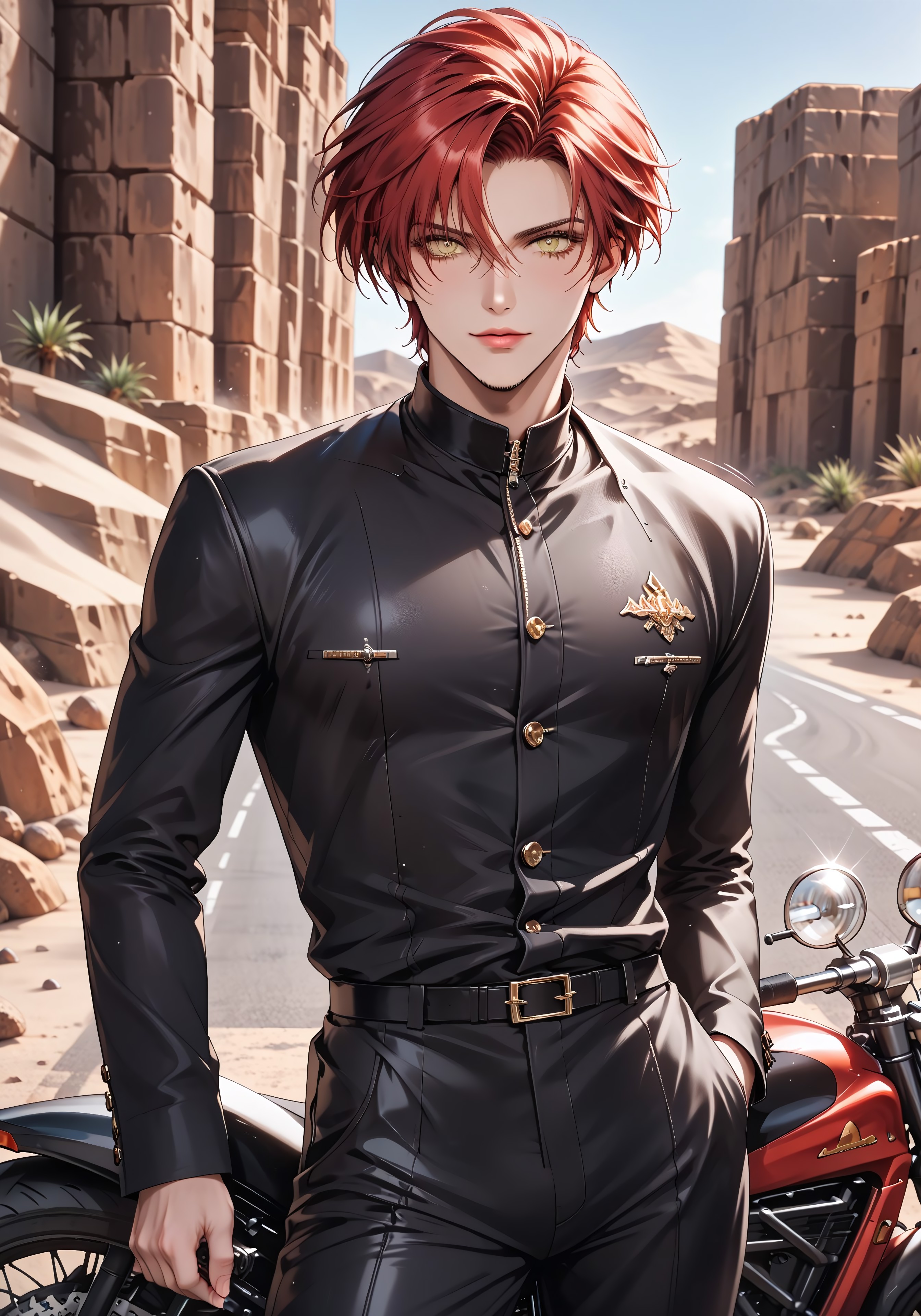 (solo), 1boy, motion lines, male focus, close up, standing
masculine face, daddy looking face, masculine, handsome, red hair, yellow eyes, no beard,
(((motorbike suit))), perfect hands,
Not muscled, fit body, slim body, narrow waist,
detailed face, detailed body, detailed eyes, perfect anatomy,
masterpiece,best quality,amazing quality,
<lora:cfg_scale_boost:0.2>, <lora:add-detail-xl:0.2>, <lora:NAI_QualityV1.1:0.2>,
Outdoor, road, (((desert)))