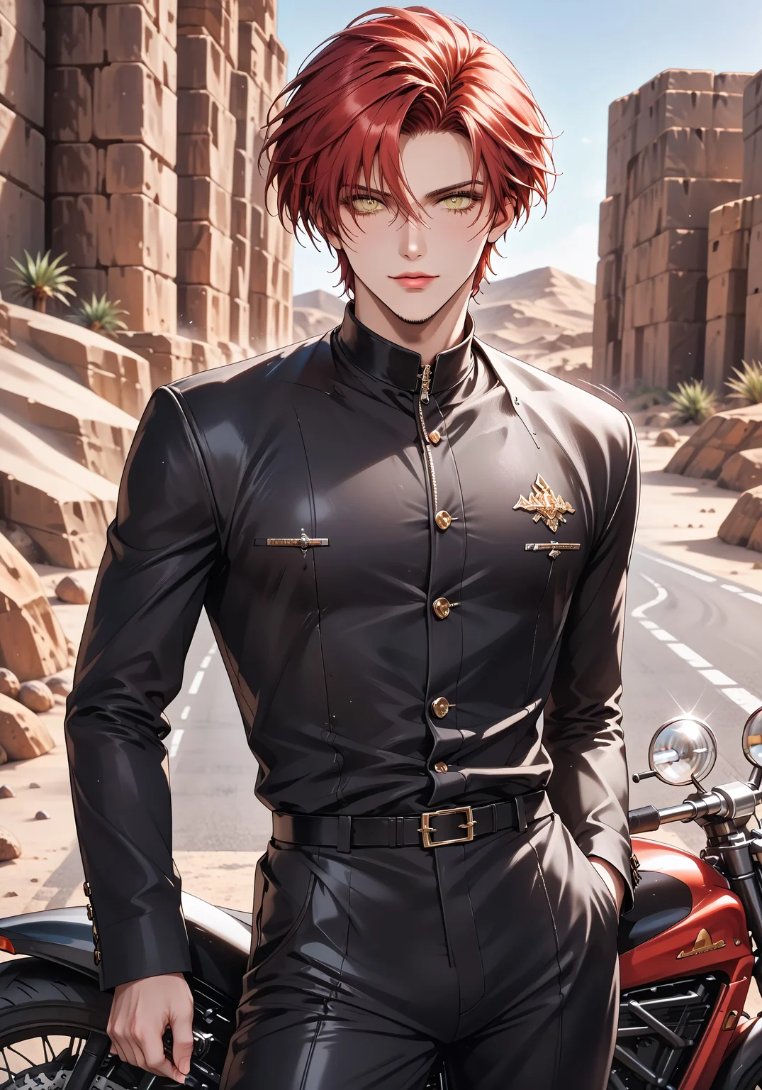 (solo), 1boy, motion lines, male focus, close up, standing
masculine face, daddy looking face, masculine, handsome, red hair, yellow eyes, no beard,
(((motorbike suit))), perfect hands,
Not muscled, fit body, slim body, narrow waist,
detailed face, detailed body, detailed eyes, perfect anatomy,
masterpiece,best quality,amazing quality,
<lora:cfg_scale_boost:0.2>, <lora:add-detail-xl:0.2>, <lora:NAI_QualityV1.1:0.2>,
Outdoor, road, (((desert)))