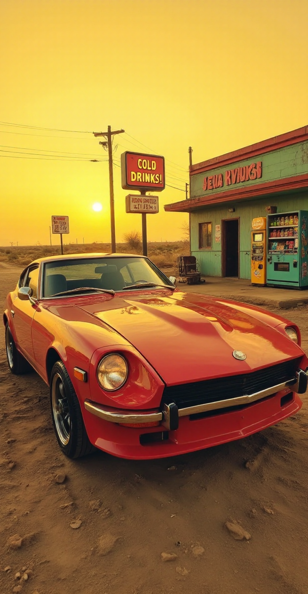 Under the unrelenting yellow-orange glow of an endless afternoon, the Datsun 240Z is parked at a funky roadside gas station, its golden headlights bouncing off the glossy, pastel-colored gas pumps. The stationâs bright pink and mint-green exterior looks freshly painted, yet the inside is dark, abandoned, shelves stocked with faded soda bottles and dusty magazines from 1972. The chrome side mirrors reflect the mirage-like distortion of the empty desert highway, leading to nowhere. A bright "Cold Drinks! 10Â¢" sign flickers on the side of the building, yet the vending machine beside it hums with power, though it's filled with nothing but static on its digital display.
<lora:Liminal-Space-Flux:0.75>  <lora:ral-nssndtsn:1>