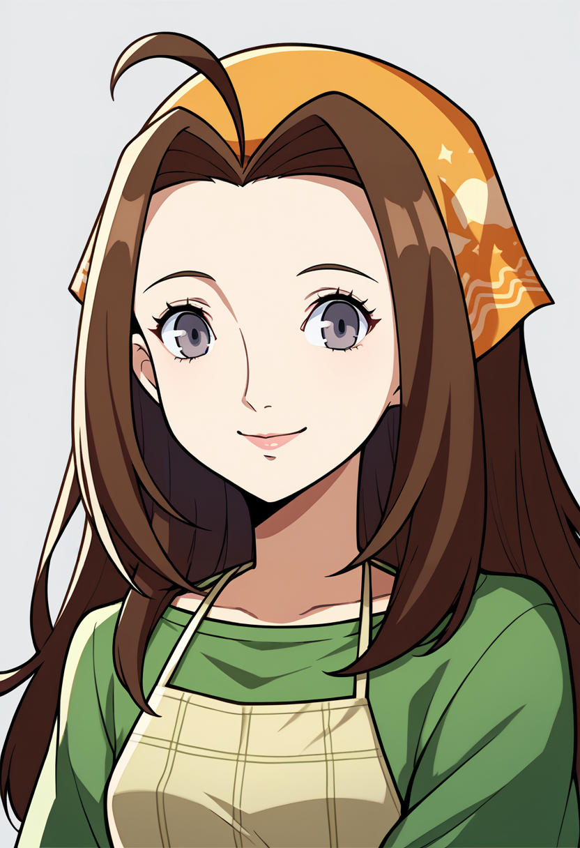 score_9, score_8_up, score_7_up, source_anime, BREAK, solo, 1girl, smile, looking at viewer,  <lora:P5-Portraits-pdxl_Fp:1>, simple background, portrait, <lora:Celia-pdxl_Fp:1>, celiahm, brown hair, grey eyes, ahoge, long hair, bandana, green shirt, apron, skirt,