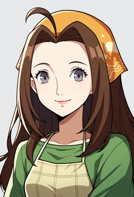score_9, score_8_up, score_7_up, source_anime, BREAK, solo, 1girl, smile, looking at viewer,  <lora:P5-Portraits-pdxl_Fp:1>, simple background, portrait, <lora:Celia-pdxl_Fp:1>, celiahm, brown hair, grey eyes, ahoge, long hair, bandana, green shirt, apron, skirt,