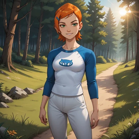 score_9, score_8, BREAK, solo, Gwen_Tennyson_(Ben10), 1girl, pale skin, green eyes, short orange hair, hair clip, sapphire earrings, long sleeves, blue raglan shirt with a cat logo, white capri pants, white shoes, self portrait, smile, looking at viewer, outdoors, sunlight, shadows, evening lighting, natural lighting, forest, trees, grass, orange sky, sunset