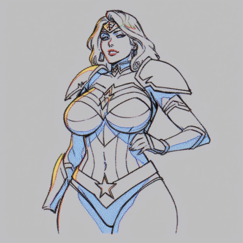 score_9, score_8_up, score_7_up, 1girl, source_justice_league, wonder_woman,  mature woman, milf, female focus, close-up shot, view from aside, panties, breasts armor, wide hips, thick thighs, big breasts, easynegative, negative_hand, lineart, sketch