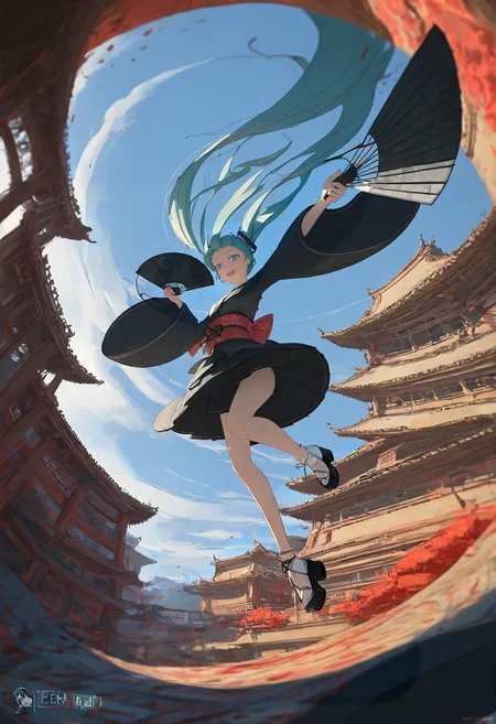 1girl, solo, hatsune miku, looking at viewer, fisheye, :d, foreshortening, falling, kimono, east asian architecture, holding fan, skirt, outdoors, hand fan, sky, black kimono, day, sash, folding fan, wide sleeves, smile, void 0, <lora:void_0:0.7>