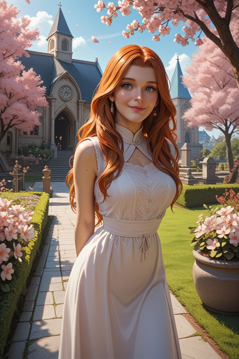 score_9, score_8_up, score_7_up,
<lora:Spider2MaryJ:1.0>
Spider2MaryJ, 1girl, orange hair, long hair, blue eyes, looking at viewer, arms behind back, leaning forward, standing, outdoors, cherry blossoms, smile, garden, church