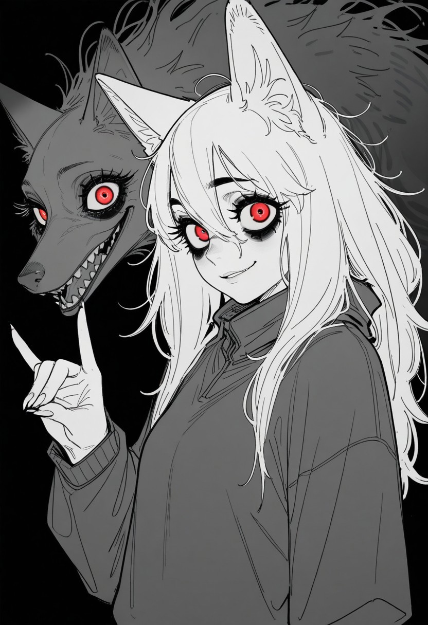 tfaix
bags under eyes, big eyes,  (black eyeshadow:0.8), thick eyelashes, 
monochrome, greyscale, 
upper body, fox shadow puppet, furry, fur, fur covered, from side, sideways glance, from side, looking at viewer, smirk, glowing red eyes, monster, claws,
masterpiece, best quality, amazing quality,
sketch, unfinished, messy lineart, 
horror \(theme\), 
(in style of fujimoto tatsuki \(style\),:1.2) (norakura \(nr kura\):1.2),