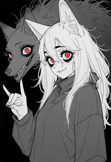 tfaix
bags under eyes, big eyes,  (black eyeshadow:0.8), thick eyelashes, 
monochrome, greyscale, 
upper body, fox shadow puppet, furry, fur, fur covered, from side, sideways glance, from side, looking at viewer, smirk, glowing red eyes, monster, claws,
masterpiece, best quality, amazing quality,
sketch, unfinished, messy lineart, 
horror \(theme\), 
(in style of fujimoto tatsuki \(style\),:1.2) (norakura \(nr kura\):1.2),