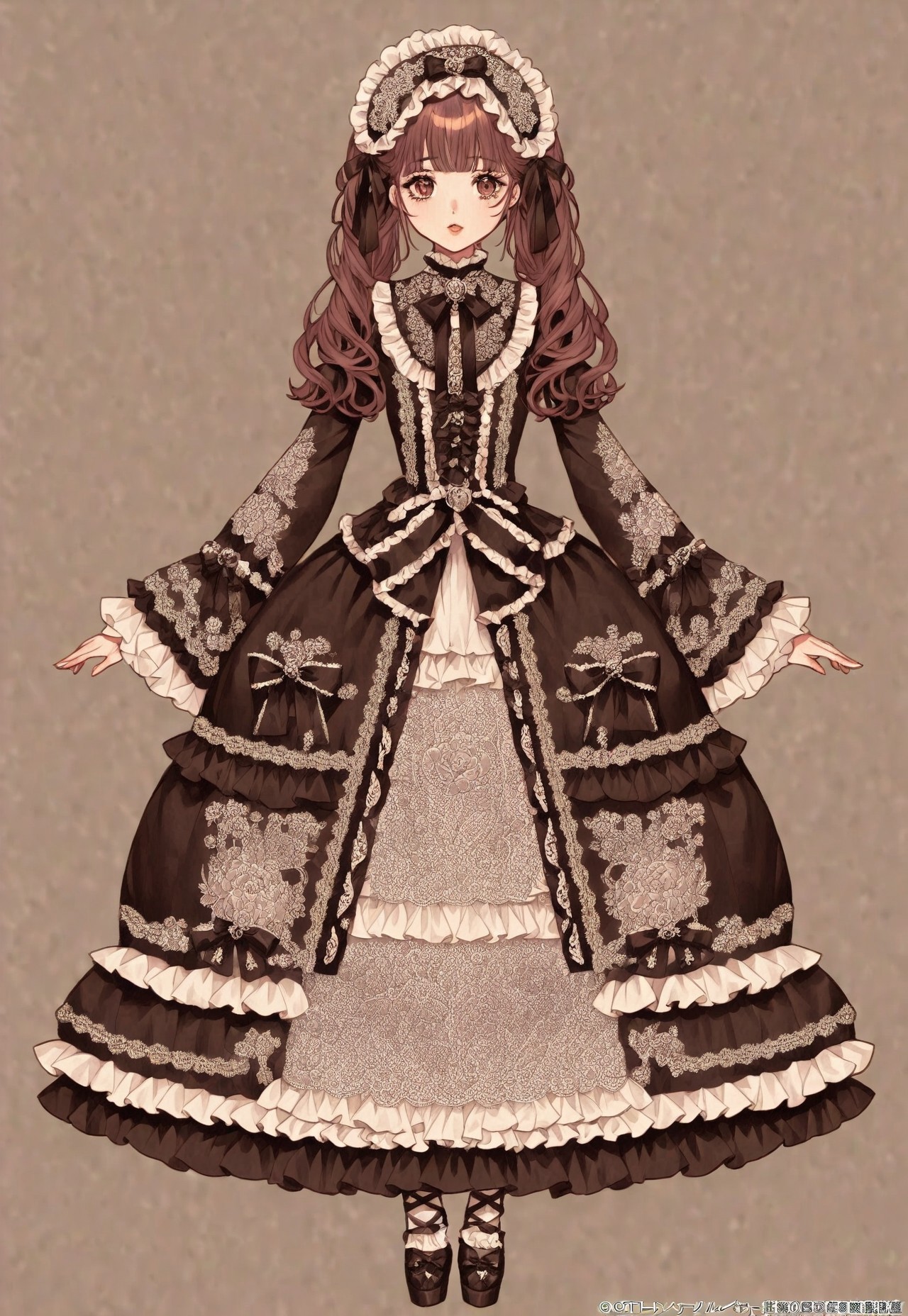 ((fullbody)) 1girl, lolita_fashion, hyperdetailed clothing and fashion, detailed dress, ornate dress, print dress, bow, ribbon, lolita_hairband, frills, ruffles, hair ribbon, hair ribbons