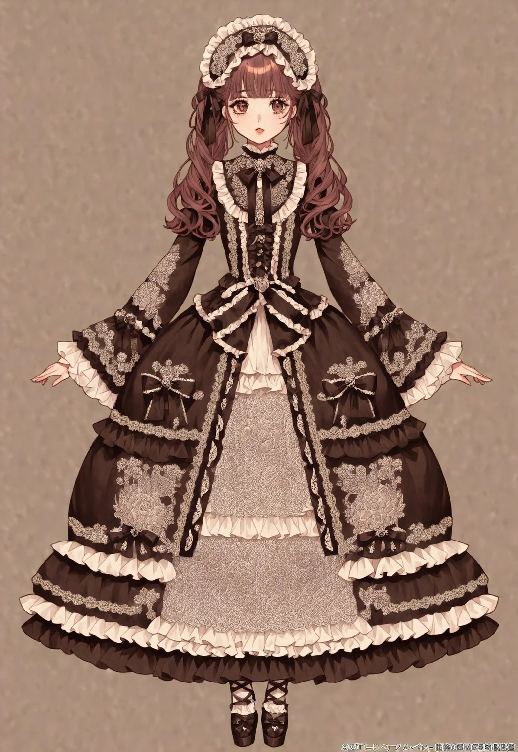 ((fullbody)) 1girl, lolita_fashion, hyperdetailed clothing and fashion, detailed dress, ornate dress, print dress, bow, ribbon, lolita_hairband, frills, ruffles, hair ribbon, hair ribbons