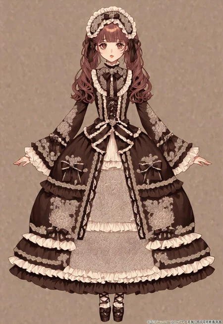 ((fullbody)) 1girl, lolita_fashion, hyperdetailed clothing and fashion, detailed dress, ornate dress, print dress, bow, ribbon, lolita_hairband, frills, ruffles, hair ribbon, hair ribbons
