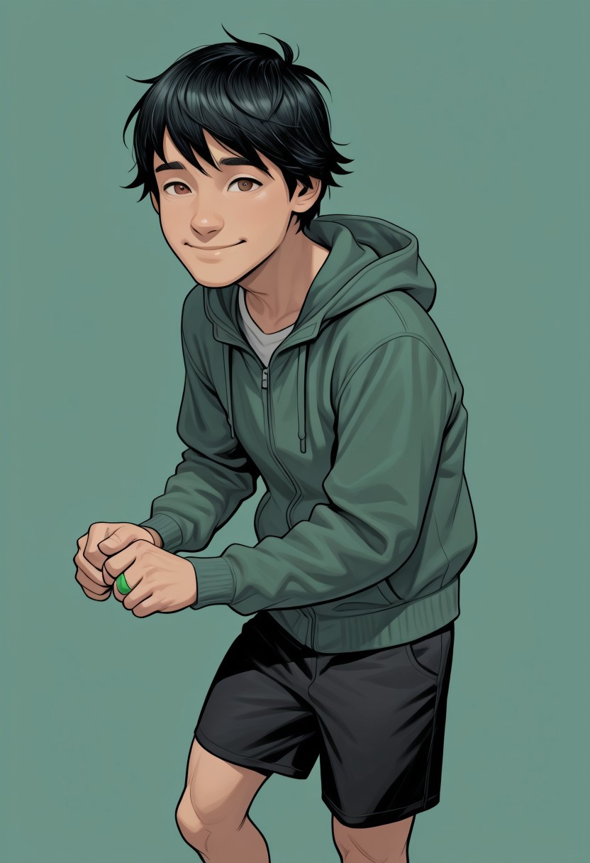 masterpiece, absurdres, high quality, perfect anatomy, 1boy, solo, cute boy, male focus, TaiPham, Black Hair, Green Lantern Ring, brown eyes, green jacket, hood, black shorts, big smile, cinematic, intricately detailed illustration, depth of field, masterpiece, best quality, amazing quality, very aesthetic, absurdres, newest, very awa,  shadow, dynamic angle, casual cosplay, dynamic pose, simple background, green theme