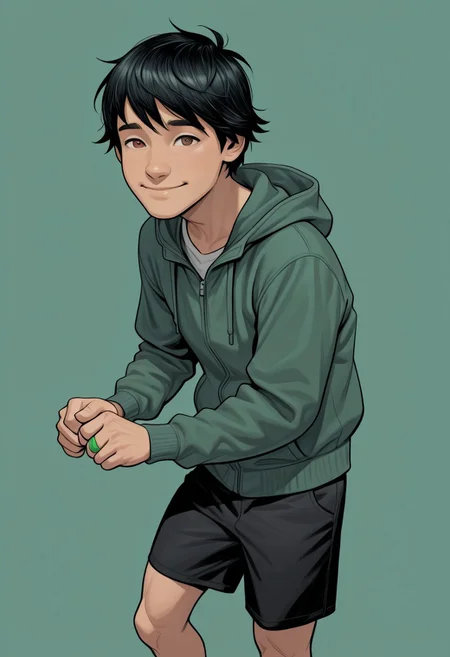 masterpiece, absurdres, high quality, perfect anatomy, 1boy, solo, cute boy, male focus, TaiPham, Black Hair, Green Lantern Ring, brown eyes, green jacket, hood, black shorts, big smile, cinematic, intricately detailed illustration, depth of field, masterpiece, best quality, amazing quality, very aesthetic, absurdres, newest, very awa,  shadow, dynamic angle, casual cosplay, dynamic pose, simple background, green theme