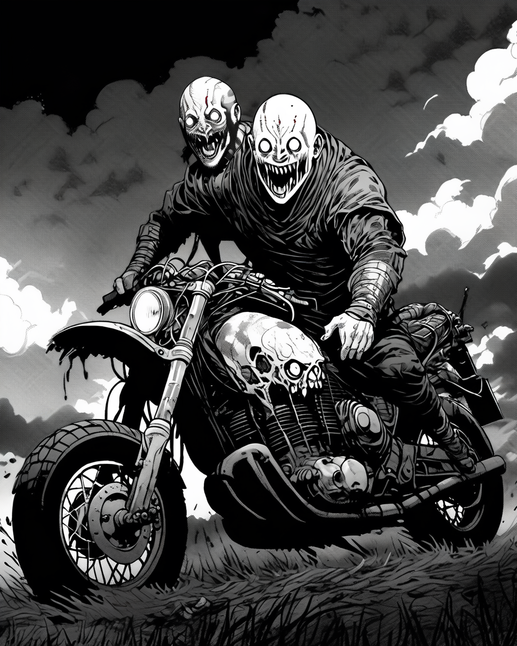 kratos riding a motorcycle,headshot portrait,junji ito style,inked,horror manga,<lora:XL_itoStyleLycoris:1.0>,, 8k, 4k, (highres:1.1), best quality;