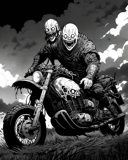 kratos riding a motorcycle,headshot portrait,junji ito style,inked,horror manga,<lora:XL_itoStyleLycoris:1.0>,, 8k, 4k, (highres:1.1), best quality;