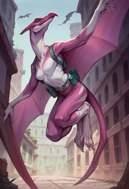 score_9_up, score_8_up, score_7_up, score_6_up, 1girl, solo, PMPR, furry female, pterodactyl, multicolored skin, pink skin, claws,, wings, green eyes, colored sclera, tail, belt, (flying), (realistic, painted art)