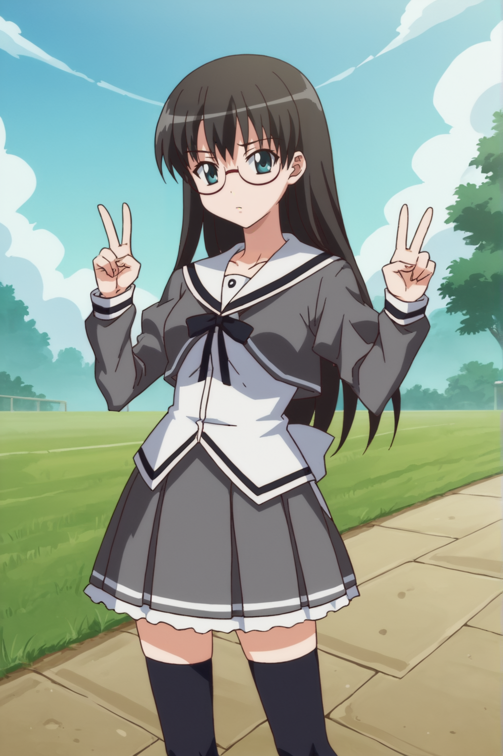 score_9, score_8_up, score_7_up,anime_source, source_anime, best background, detailed background, anime screencap,  Kana, glasses, school uniform, serafuku, black thighhighs, standing, dynamic angle, dynamic camera, v fingers, victory fingers,  outdoors, <lora:JN_Sumiya_Kana:0.8>