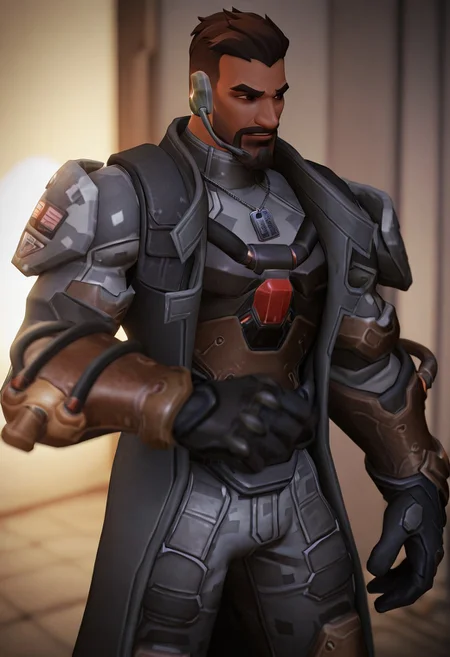 2.5d, 3d, reaper \(soldier: 24\) \(overwatch)\, 1boy, bara, muscular, dark skin, short hair, brown hair, brown eyes, undercut, beard, armor, gloves, dogtag, earphone, gray camouflage top, trench coat, long sleeves, gauntlet, looking around, detailed background, depth of field, backlighting, best quality, absurdres, newest, perfect quality, detailed background, intricate details