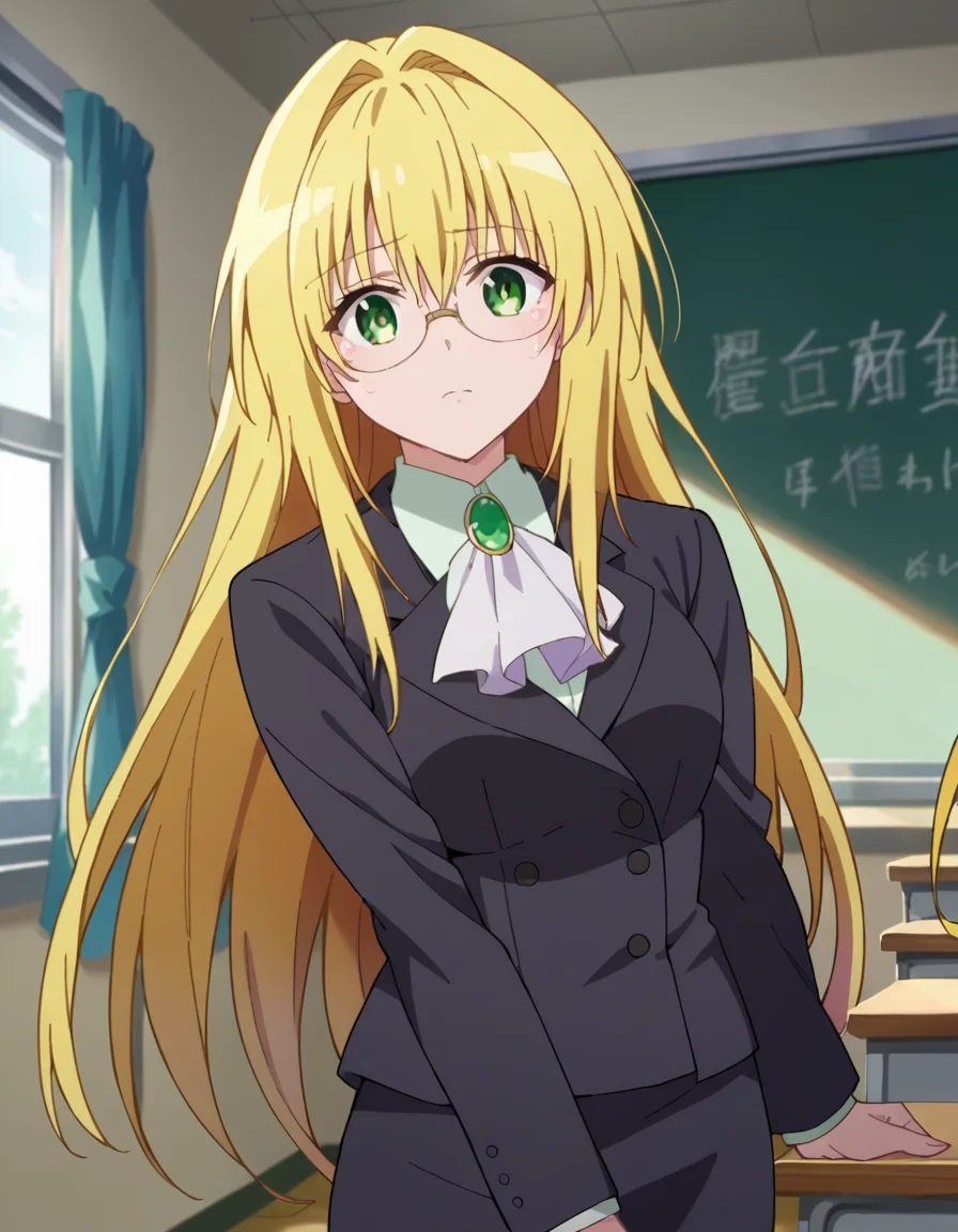 score_9, score_8_up, score_7_up, source_anime,
tearjulunatique, <lora:tearju-lunatique-ponyxl-lora-nochekaiser:1>,
tearju lunatique, long hair, blonde hair, green eyes, sidelocks, glasses,
shirt, collared shirt, white shirt, suit, formal suit, long sleeves, ascot, white ascot, gemstone, green gemstone, skirt, pencil skirt,
indoors, classroom, teaching, chalkboard,
looking at viewer, cowboy shot, dutch angle, dynamic pose,