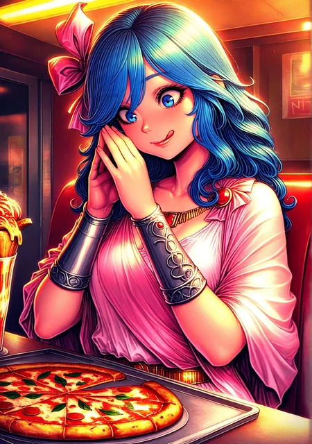 masterpiece, best quality, amazing quality, GOHPIA, 1girl, solo, medium length hair, blue hair, blue eyes pink hair bow, silver bracers, neckace, gold bead belt, long pink gown, pink shawl, pink shoulder sash, lips,chwo,rainch, :q, wide eyed, looking down, hands together, indoors, diner, sitting, table, pizza, large pizza, deluxe pizza, delicious pizza, exquisite pizza