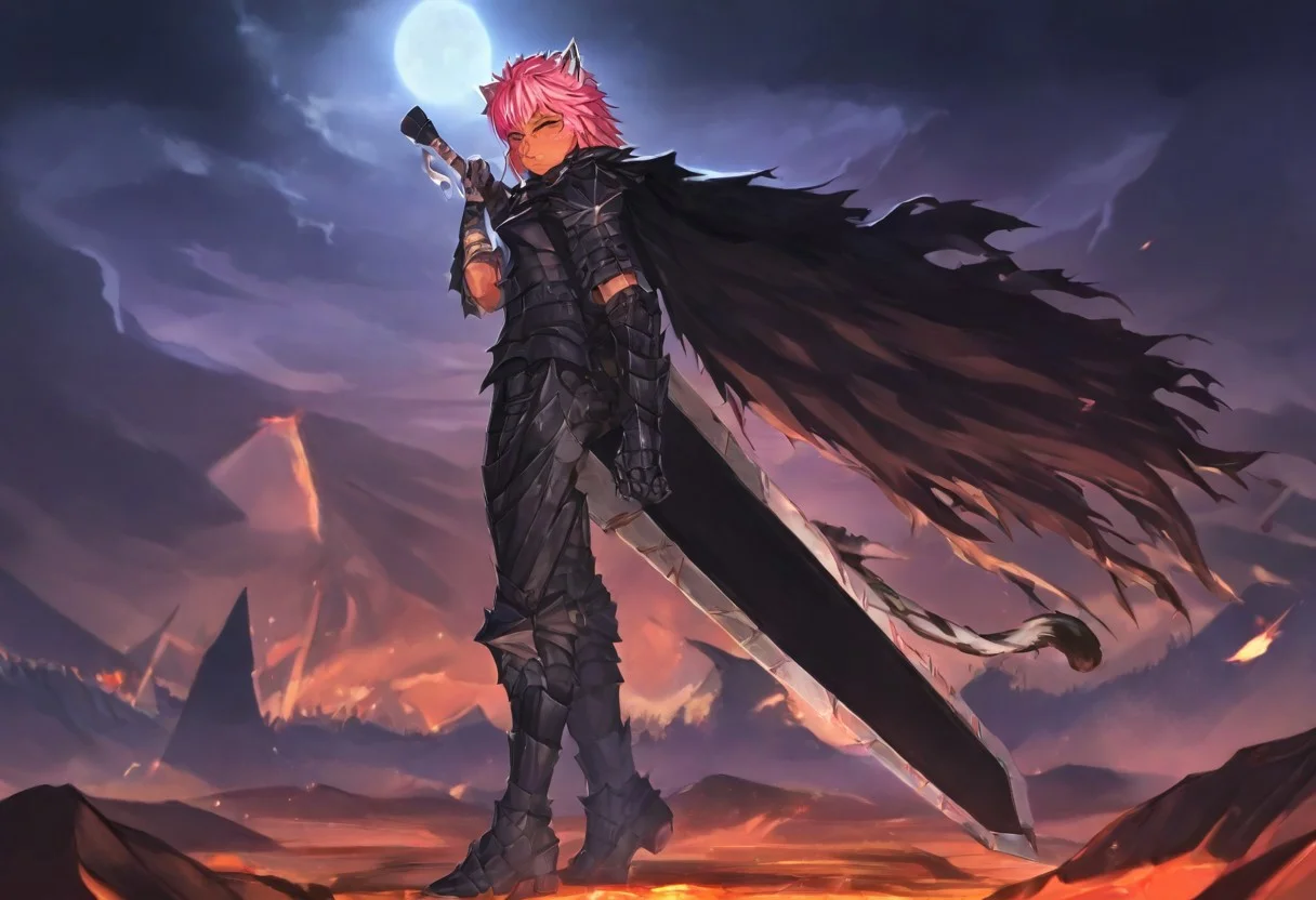 masterpiece, very aesthetic, anime screenshot, 1girl, Pink_PonyXL, DragonSlayerSword-Il.V1.0, black armor, shoulder armor, gauntlets, greaves, bandaged arm, black cape, torn cape, bright pink hair, cat ears, scar on nose, one eye closed, cat bell around neck, tanned, white tiger tail, small breasts, scowling, standing, looking at viewer, side view, wielding-dragonslayer, huge weapon, sword, holding sword, holding weapon, full body
Break
City of hyrule on fire, at night