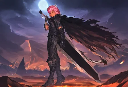 masterpiece, very aesthetic, anime screenshot, 1girl, Pink_PonyXL, DragonSlayerSword-Il.V1.0, black armor, shoulder armor, gauntlets, greaves, bandaged arm, black cape, torn cape, bright pink hair, cat ears, scar on nose, one eye closed, cat bell around neck, tanned, white tiger tail, small breasts, scowling, standing, looking at viewer, side view, wielding-dragonslayer, huge weapon, sword, holding sword, holding weapon, full body
Break
City of hyrule on fire, at night