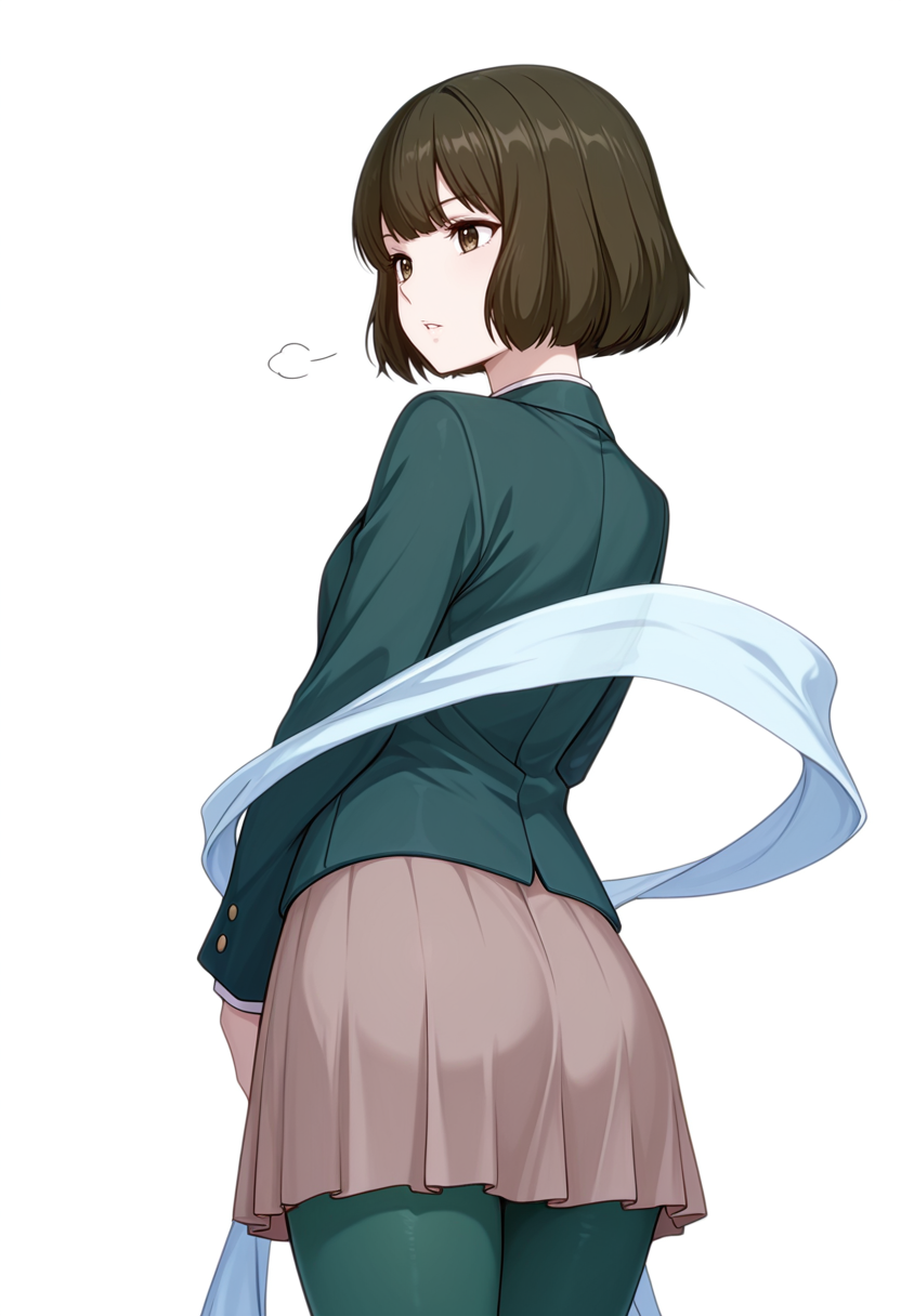 masterpiece,high quality details, absurdres,
 <lora:Akira_Dojima_V2:0.8> akira_cnr,1girl, brown hair, short hair, bob cut, bangs,brown eyes,, simple background, white background, from behind,solo,, parted lips,sigh,, blazer,hagoromo,pantyhose, ,green pantyhose,