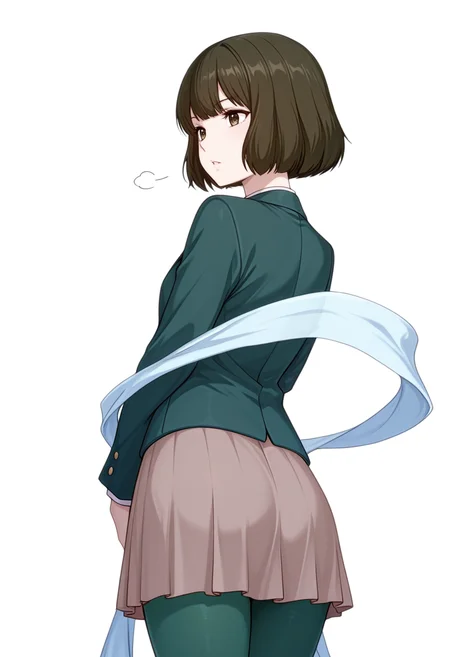 masterpiece,high quality details, absurdres,
<lora:Akira_Dojima_V2:0.8> akira_cnr,1girl, brown hair, short hair, bob cut, bangs,brown eyes,, simple background, white background, from behind,solo,, parted lips,sigh,, blazer,hagoromo,pantyhose, ,green pantyhose,