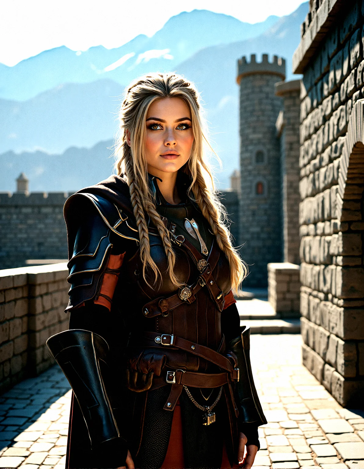 Extreme photorealistic depiction of a beautiful female warrior, long blonde braided hair, looking at viewer, realistic detailed skin texture, intricate leather armor, high-resolution, cinematic lighting, sharp focus, ultra-realistic, extreme realism, 8k, very detailed, high quality.
A secretive fortress built into the side of a mountain, with narrow paths leading to the entrance. The walls are made of dark stone, and the fortress is heavily fortified with watchtowers and archers’ slits. The air is crisp and cold, with snow-capped peaks in the background.Soft, flickering light from torches, casting warm, uneven light and deep shadows on stone walls.A warm, amber light from a setting sun, casting long, dramatic shadows across the scene.Natural light illuminating an open courtyard, with deep shadows cast by the tall surrounding walls.
The female warrior Standing with her Hands on hips, chin slightly lifted.