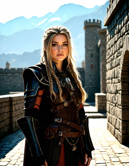 Extreme photorealistic depiction of a beautiful female warrior, long blonde braided hair, looking at viewer, realistic detailed skin texture, intricate leather armor, high-resolution, cinematic lighting, sharp focus, ultra-realistic, extreme realism, 8k, very detailed, high quality.
A secretive fortress built into the side of a mountain, with narrow paths leading to the entrance. The walls are made of dark stone, and the fortress is heavily fortified with watchtowers and archers’ slits. The air is crisp and cold, with snow-capped peaks in the background.Soft, flickering light from torches, casting warm, uneven light and deep shadows on stone walls.A warm, amber light from a setting sun, casting long, dramatic shadows across the scene.Natural light illuminating an open courtyard, with deep shadows cast by the tall surrounding walls.
The female warrior Standing with her Hands on hips, chin slightly lifted.