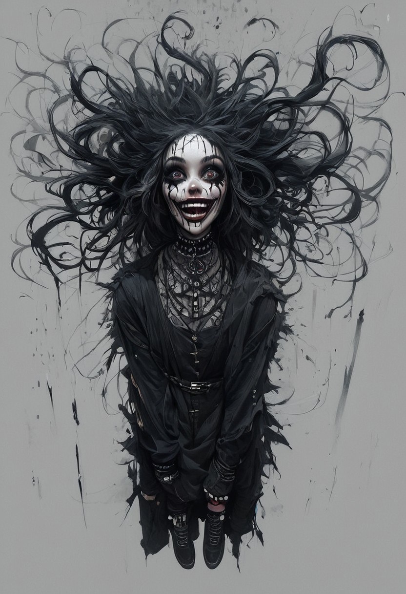 score_9, score_8_up, score_7_up, score_6_up, Dark Beauty, A scary girl, full body, alabaster skin, long crazy black hair, dark eyes, a dark and mysterious appearance, facial tattoos, gothic aura.