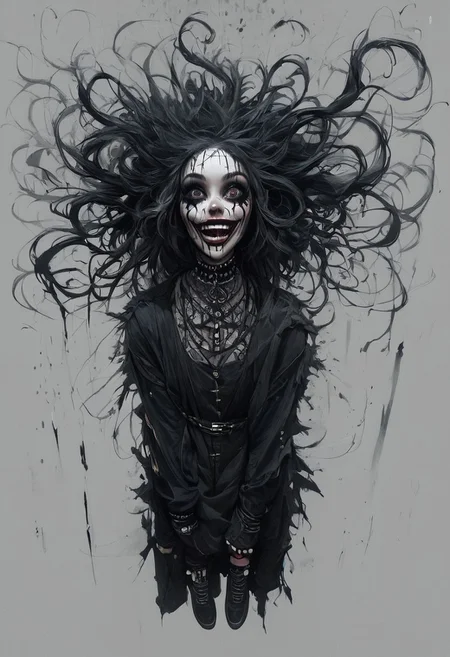 score_9, score_8_up, score_7_up, score_6_up, Dark Beauty, A scary girl, full body, alabaster skin, long crazy black hair, dark eyes, a dark and mysterious appearance, facial tattoos, gothic aura.