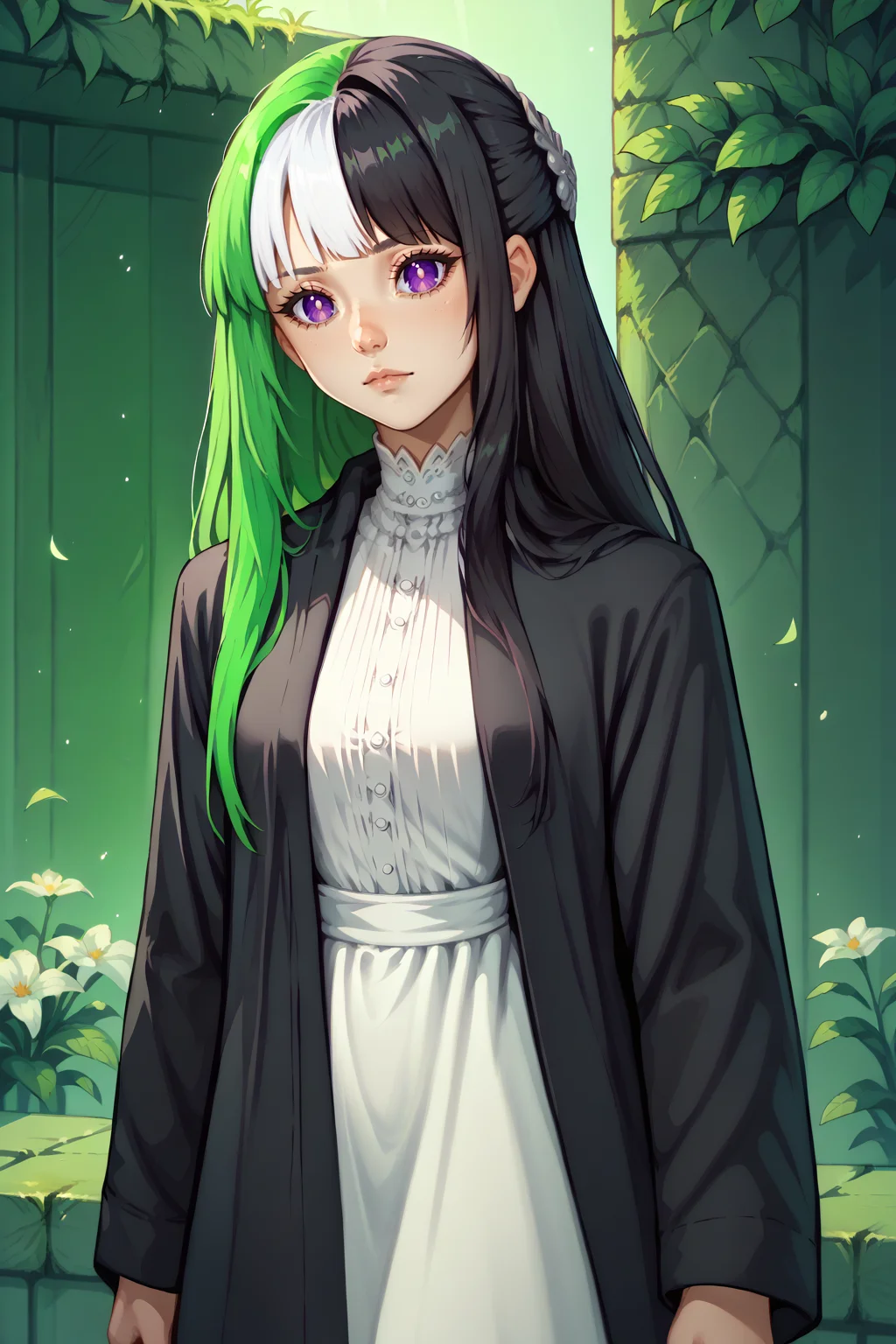 score_9, score_8_up, solo, <lora:NSMelionPalHair:1> NSMelionPalHair, green hair, black hair, white hair, multicolored hair, <lora:ChamFernPonyXL:1> FernBase, purple eyes, long hair, half updo, hair ornament, white dress, collared dress, black robe