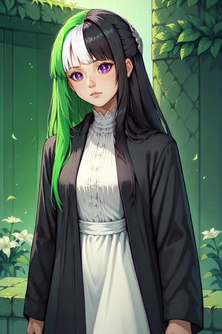 score_9, score_8_up, solo, <lora:NSMelionPalHair:1> NSMelionPalHair, green hair, black hair, white hair, multicolored hair, <lora:ChamFernPonyXL:1> FernBase, purple eyes, long hair, half updo, hair ornament, white dress, collared dress, black robe