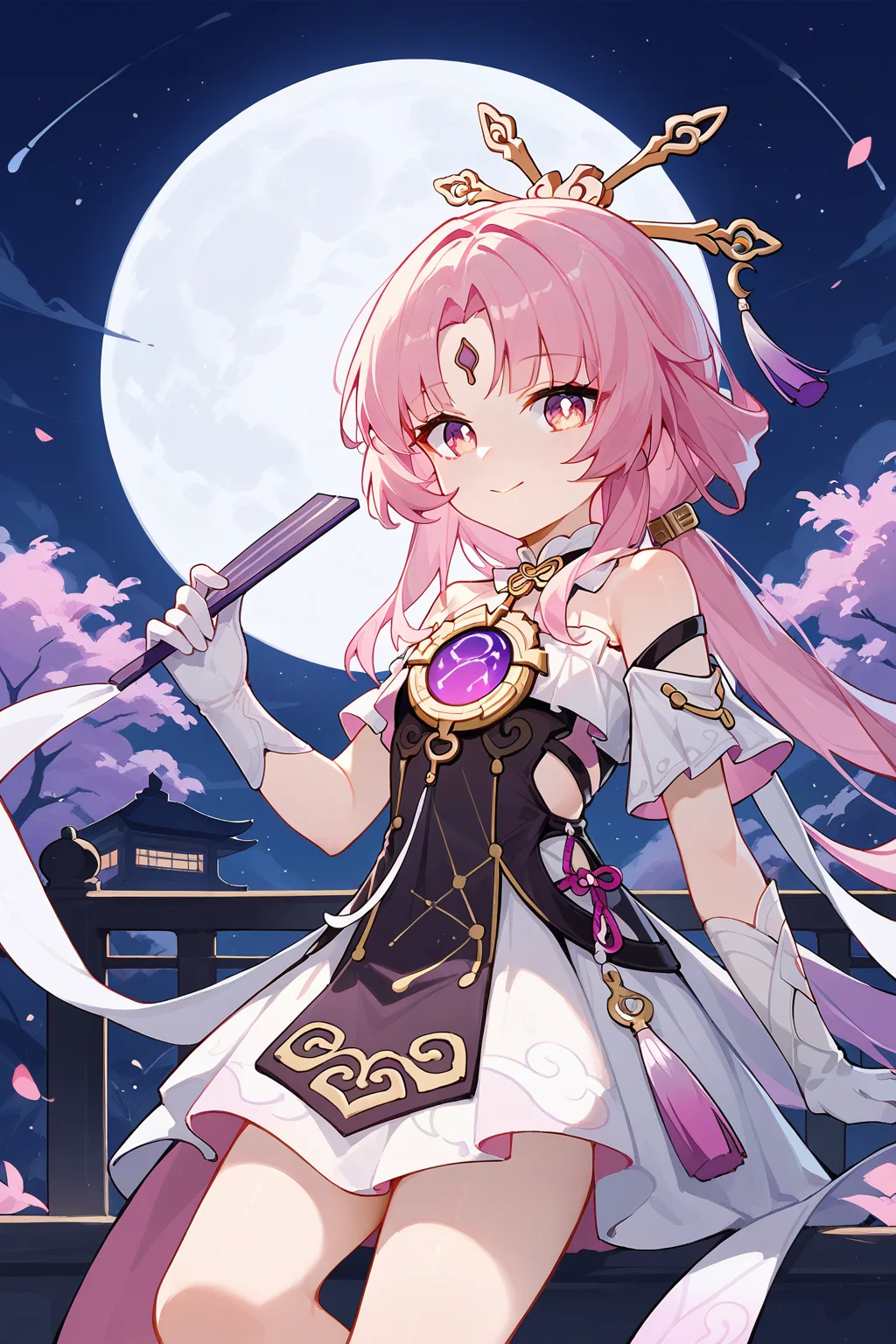(score_9,score_8_up,score_7_up),<lora:Fu Xuan(Honkai Star Rail)-v1-000006:0.6>,Fu Xuan(Honkai Star Rail),1girl,pink hair,long hair,moon,looking at viewer,smile,hair ornament,solo,pink eyes,dress,night,bangs,closed mouth,full moon,elysia (honkai impact),bare shoulders,hand fan,gloves,outdoors,sky,holding,night sky,white gloves,chinese clothes,rabbit,forehead mark,
good feet,anime,NSFW,expressive,amazing quality,ultra hd 32k,