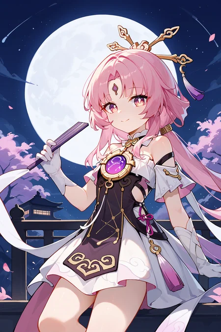 (score_9,score_8_up,score_7_up),<lora:Fu Xuan(Honkai Star Rail)-v1-000006:0.6>,Fu Xuan(Honkai Star Rail),1girl,pink hair,long hair,moon,looking at viewer,smile,hair ornament,solo,pink eyes,dress,night,bangs,closed mouth,full moon,elysia (honkai impact),bare shoulders,hand fan,gloves,outdoors,sky,holding,night sky,white gloves,chinese clothes,rabbit,forehead mark,
good feet,anime,NSFW,expressive,amazing quality,ultra hd 32k,