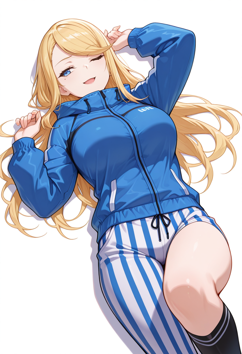 masterpiece,high quality details, absurdres,
 <lora:Cecil:0.8> cecil_cnr,blonde hair, long hair, swept bangs, blue eyes,mole under eye, large breasts,, simple background, white background, from above,solo,, ;d,, lying supine,focused gaze,relaxed expression,, nervous,disgust,, peacoat  ,windbreaker,striped pants,  ,mismatched legwear kneehighs,