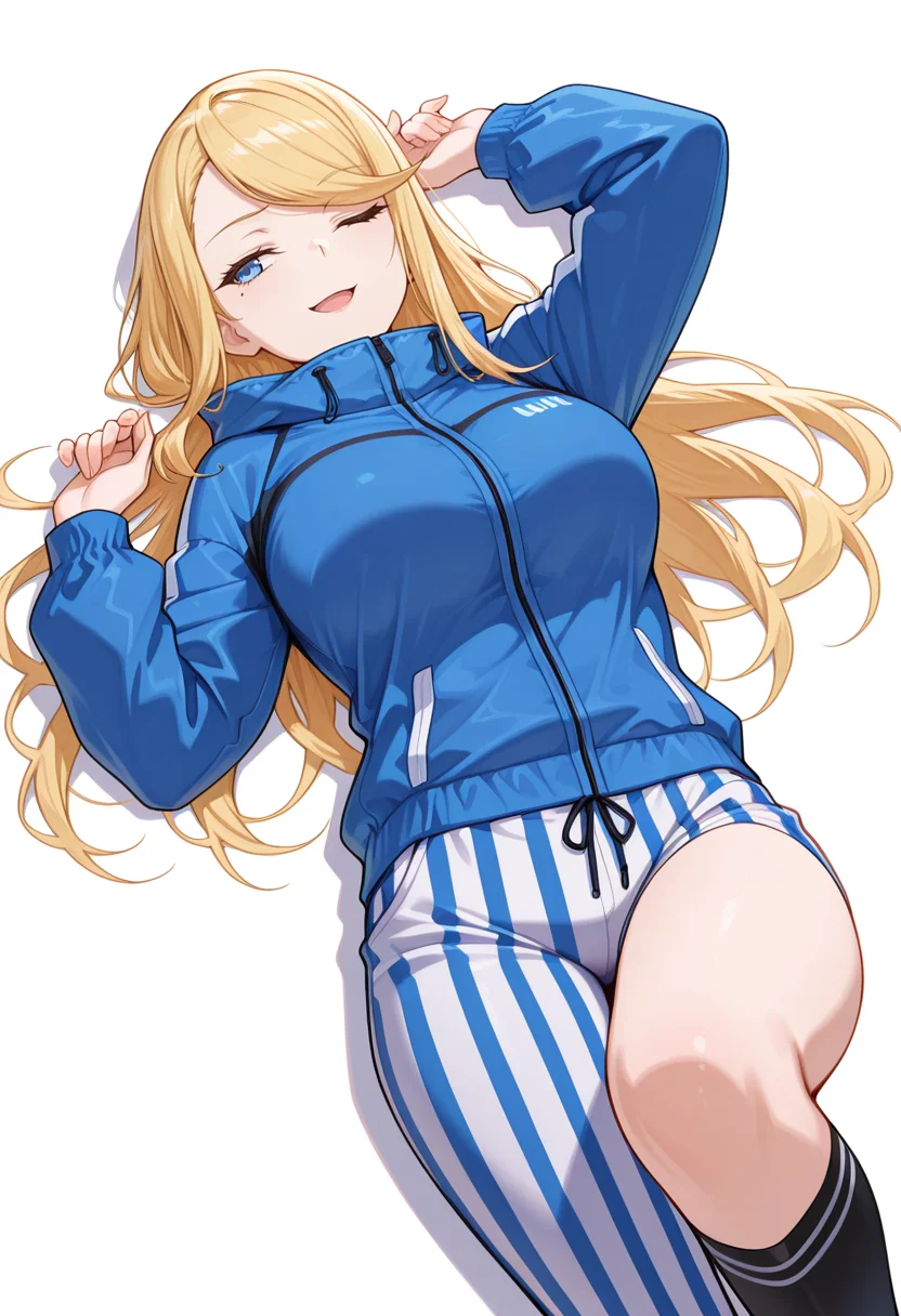 masterpiece,high quality details, absurdres,
 <lora:Cecil:0.8> cecil_cnr,blonde hair, long hair, swept bangs, blue eyes,mole under eye, large breasts,, simple background, white background, from above,solo,, ;d,, lying supine,focused gaze,relaxed expression,, nervous,disgust,, peacoat  ,windbreaker,striped pants,  ,mismatched legwear kneehighs,