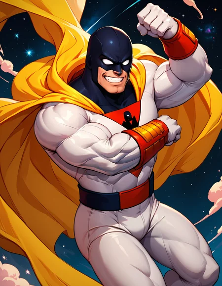 score_9, score_8_up, score_7_up, source_anime, space_ghost, 1boy, solo, muscular, muscular male, biceps, pectorals, bodybuilder, hero pose, cape, white bodysuit, bodysuit, white eyes, grin, superhero, dark background, space background, zPDXL2, <lora:Space_Ghost:1>