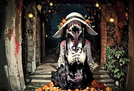 score_9, score_up_8, masterpiece, best quality, explicit, 
hasshaku-sama, mature woman, large woman, tall woman, sagging breast, enormous breast, long hair, black hair, horror (theme), collar bone, bony body, skinny, anorexic, fall season, trees, red yellow and orange leaves, falling leaves, night,  Expressiveh,  
 teeth, tongue, open mouth, horror, blood, (((stiches, scars))), black tongue, very long tongue, black tears, full body, tr1ck0rtr3at, holding, halloween bucket, doorway, street background, white bloodstained dress, white sunhat, covered breasts