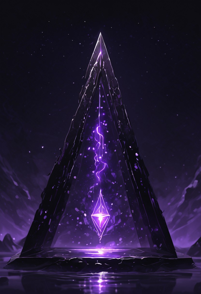 (masterpiece), best quality, Symphtia-Style, Anime, (Floating Pyramid, Dripping Liquid), Black Background, No Humans, Black and Purple Theme, (Ancient Runes, Glowing Runes), Symphtia-Style, Zyrnox-Exoterra Style
