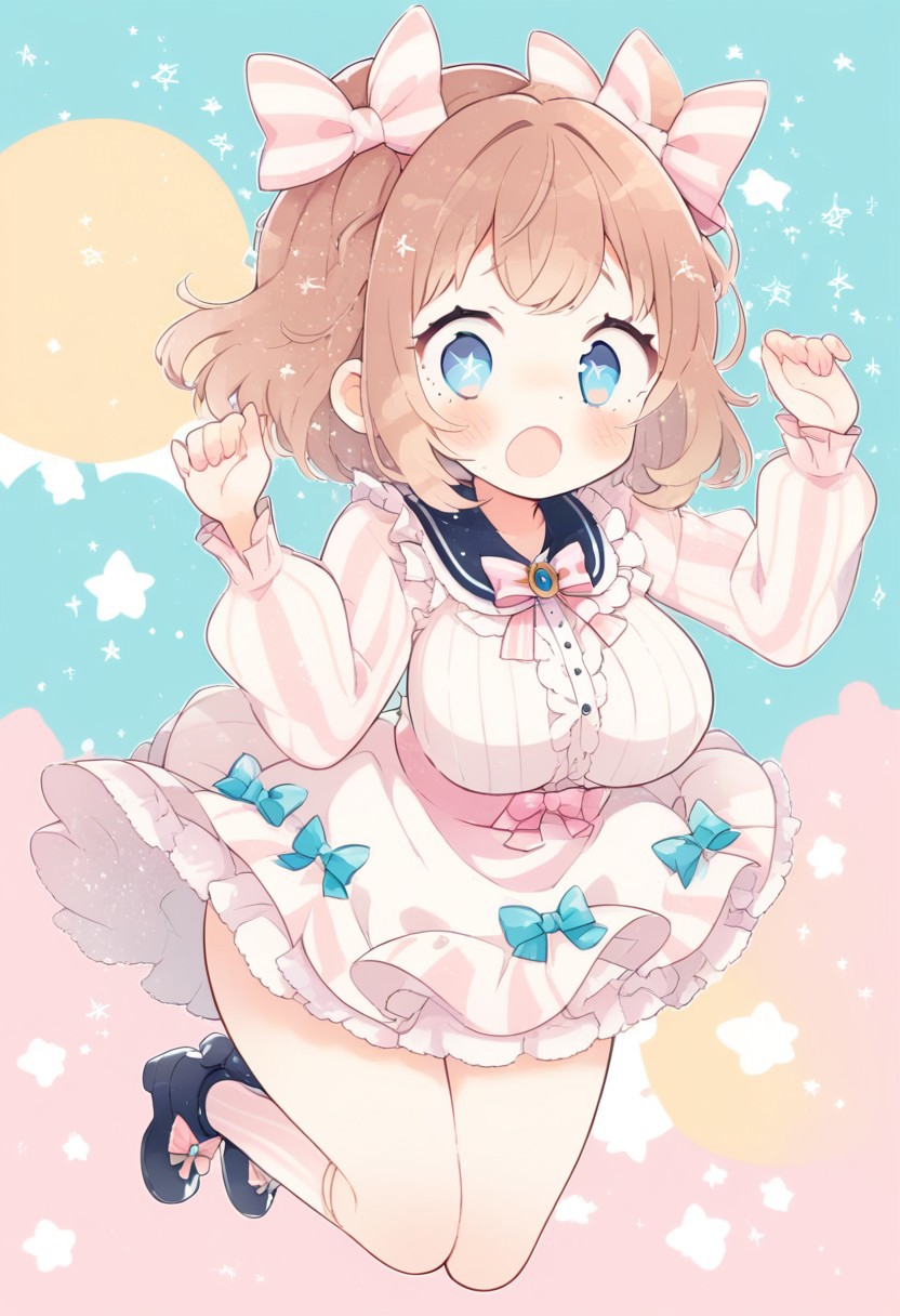 score_9, score_8_up, score_7_up,
masterpiece, best quality, detailed, amazing quality,
detailed background, stripes, stars, pastels, pastel colors, pillows,
dynamic pose, full body,
detailed face, detailed eyes, clean eyes,
solo, 1girl, woman, blue eyes, short hair, brown hair, messy hair, curvy, wide hips, big breasts, chubby, 
cute dress, frilly, bow, headbow, huge bow,
easynegative