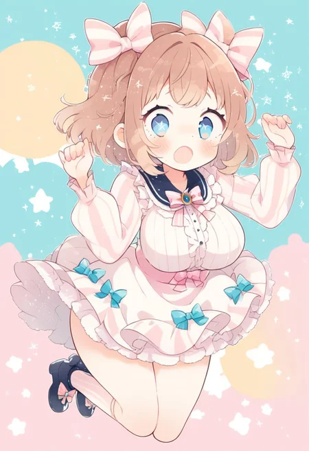 score_9, score_8_up, score_7_up,
masterpiece, best quality, detailed, amazing quality,
detailed background, stripes, stars, pastels, pastel colors, pillows,
dynamic pose, full body,
detailed face, detailed eyes, clean eyes,
solo, 1girl, woman, blue eyes, short hair, brown hair, messy hair, curvy, wide hips, big breasts, chubby,
cute dress, frilly, bow, headbow, huge bow,
easynegative