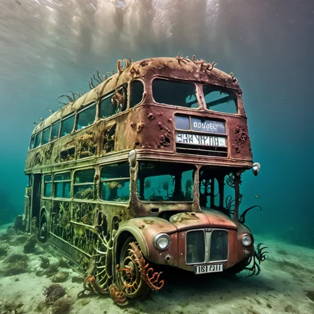 colour photo of "Underwater Gothic" London bus wrecked underwater, rotten, rusty, covered in barnacles, crabs, octopus, fish <lora:underwatergothic:0.9> sc_uwg, award winning photography
