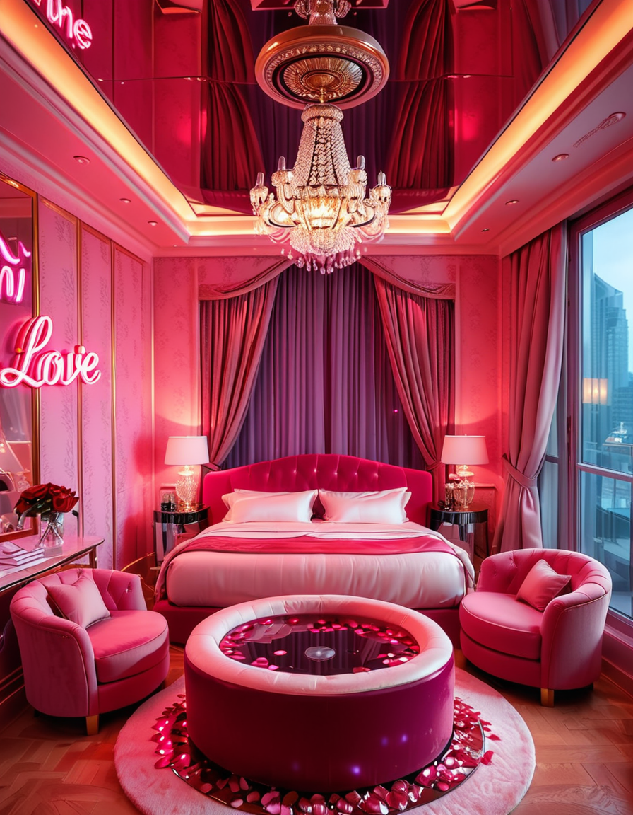 A luxurious, stylish love hotel room,love hotel r00m with a romantic and intimate atmosphere. The room features a large, round king-sized bed with silky red and black sheets, surrounded by soft, ambient lighting. Neon pink and purple LED lights illuminate the walls, creating a sensual glow. A plush velvet sofa sits near the bed, with a glass-topped coffee table holding champagne glasses and a chilled bottle of champagne. The ceiling has a large mirror, reflecting the entire room. On one side, thereâs a floor-to-ceiling window with sheer curtains, showing the night cityscape in the background. A modern jacuzzi tub with rose petals floating on the water is visible in the corner, surrounded by candles. The room has a sleek, modern design with a touch of opulence, including gold accents on the furniture and warm wooden floors. The lighting is dim and moody, emphasizing the romantic ambiance.
<lora:SDXLFaeTastic2400:0.4> <lora:extremely_detailed:0.4> extremely detailed, <lora:love_hotel_r00m:1>, Masterpiece,best quality,hi res,8k,hi res,8k,award winning,(sharp focus, intricate, highly detailed),