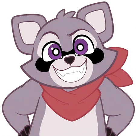 <lora:Rambley_Raccoon_-_Illustrious:1> Rambley, red neckerchief, 1boy, looking at viewer, eyes half closed, grin, upper body, hands on own hips, masterpiece, masterwork, white background