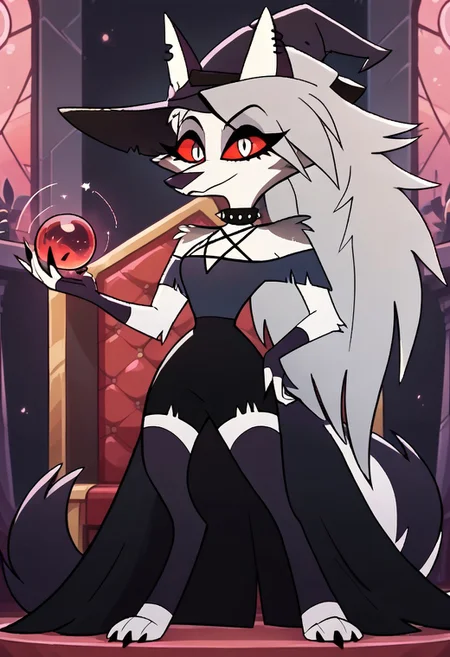 SCORE_9, SCORE_8_UP, SOURCE_FURRY, BREAK, SOLO, Loona \(Helluva Boss\), FEMALE, FURRY, WITCH DRESS, WITCH HAT, BREAK, ON CASTLE THRONE, HIGH RESOLUTION, VIVID TEXTURES, DETAILED PUPILS, holding a magical orb in hand, casting a magic spell