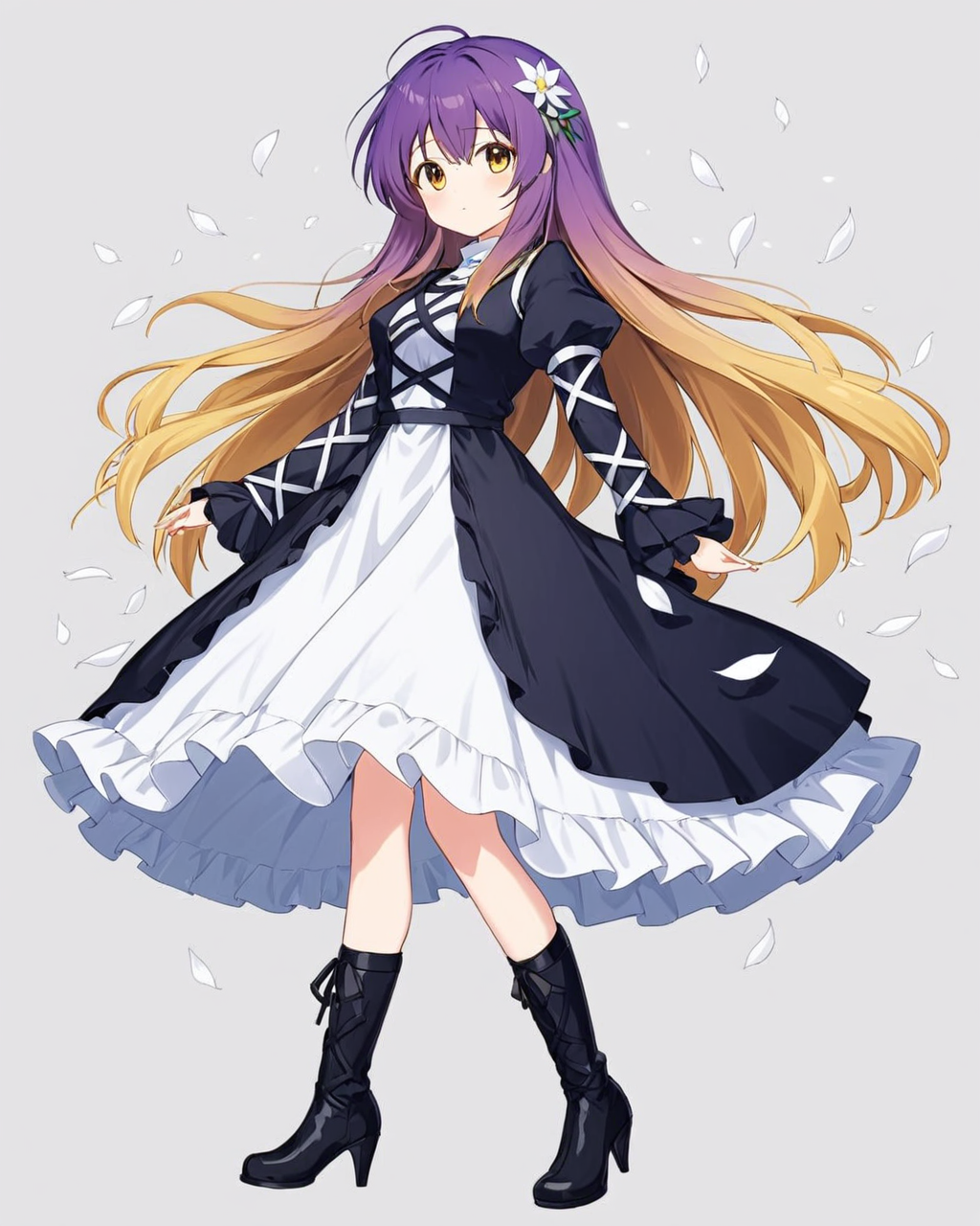 hijiri byakuren,1girl, solo, full_body, black_footwear, layered_dress, boots, looking_at_viewer, black_dress, simple_background, ribbon, closed_mouth, high_heels, white_dress, standing, juliet_sleeves, grey_background, frills, petals, white_flower, blush
<lora:hijiri_byakuren_image2907_2023-12-20:1>,star-shaped_pupils,symbol-shaped_pupils,. gorgeous,key visual, vibrant, studio anime,award-winning, professional, highly detailed,high budget, cinemascope