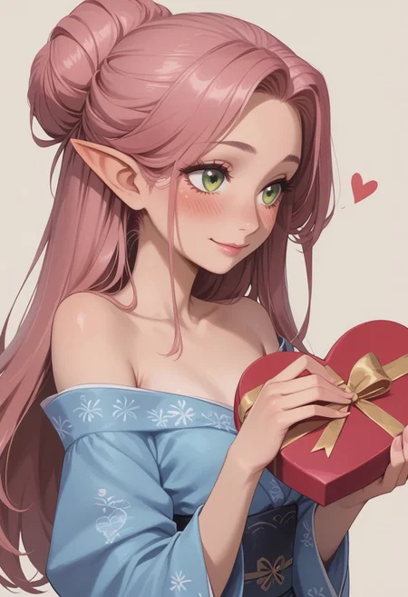 safe_pos, score_9, score_8_up, score_8, perfect detailed face, eyeliner, detailed fingers, detailed eyes. 1girl, sexy elf woman, slim, small breasts, long hair, pink hair, updo hair, green eyes, heart-shaped box, holding, box, gift, valentine,blush, shy smile, shy, zen garden, blue short kimono, bare shoulders, bare legs, hearts, close up