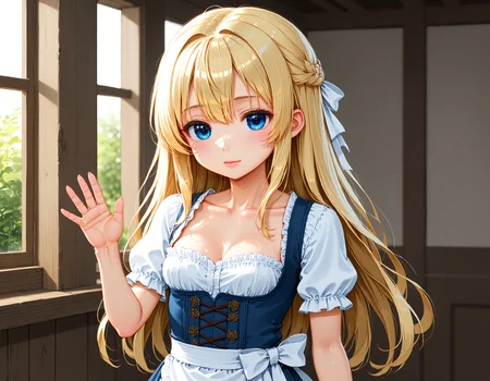 score_9, score_8_up, score_7_up, source_anime, raw phot, masterpiece, extremely detailed, ultra detailed, ultra quality, beautiful detailed, HDR, UHR,
BREAK good anatomy, perfect anatomy, beautiful anatomy,, beautiful skin, perfect skin, good skin, ultra detailed eyes, beautiful detail eyes, (ultra quality eyes:0.7), beautiful quality eyes, natural eyes, perfecta eyes, beautiful eyes, good eyes, even eyes, bright eyes,
BREAK beautiful arm, good arm, perfect arm, natural arm,
BREAK beautiful hand, good hand, perfect hand, natural hand,
BREAK beautiful finger, good finger, perfect finger, natural finger, (five fingers on one hand:2),
BREAK <lora:perfection style:0.5>, <lora:detailed:1> perfection style, perfection, perfect, detailed, detailed style, <lora:add-detail-xl:1>
BREAK from front, looking at viewer, dynamic angle, solo focus, (1girl, solo), <lora:dirndl-ponyxl-lora-nochekaiser:0.8> dirndl, german clothes, collarbone, cleavage, underbust, waist apron,
BREAK <lora:blond_hair_girl:0.7> European girl, (little girl, small girl), (blond hair:1.5), long hair, , bang, blue eyes, double eyelid, small breasts, <lora:[hand]Fixhands_anime_bdsqlsz_V1:1>